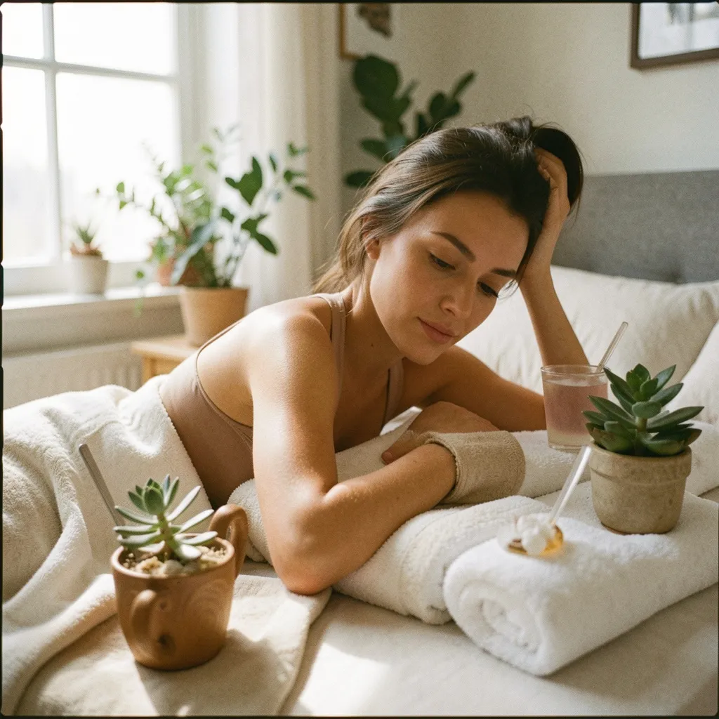 Bedside table with lamp and folded blanket
